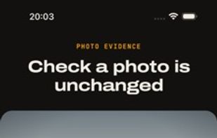 Highlights the "Check if photo is untampered" feature with a stamped image displaying its original metadata.