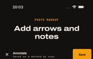 Demonstrates the "Add arrows and notes" annotation tool with a red arrow and yellow circle drawn on a photo.