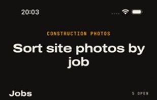 Displays the "Stamp photos by job" feature, showing a list of project folders for organizing captures.