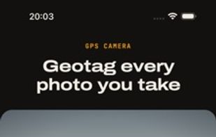 Shows the "Getting exact photo location" camera interface, featuring GPS crosshairs and a live coordinate overlay.