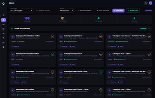 Your full lead pipeline in one view. Filter by campaign, status, or no-website businesses instantly. Each lead card shows the business name, address, Google rating, phone number, website status, and current pipeline stage — with one-click Follow Up scheduling and AI Audit generation directly from the card. No spreadsheet needed.