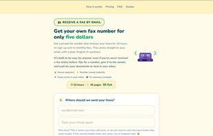 Front page — Get a private fax number in seconds and receive your fax by email, with no sign-up and no monthly fees.
