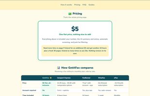 Pricing — One simple flat price of $5 — your private number receives up to 30 pages over 24 hours, no subscription.