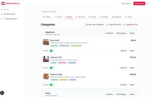 Menu editor with categories, dietary tags and prices