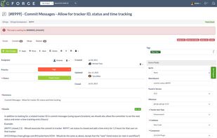 Ticket detail view with summary, description, priority, status, assignee, custom fields, file attachments, commits, dependencies and full change history.