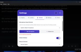 GhostPrompter configuration and settings interface. This view highlights the microphone setup for voice-activated smart scrolling, alongside options for global hotkeys and mouse scroll controls.