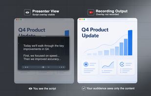 GhostPrompter Presenter View vs. Recording Output: You can clearly see and read your scrolling script on screen, while your audience or video recording sees absolutely nothing but your shared content.