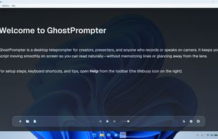 Overview of the GhostPrompter desktop application showing the clean main dashboard, welcome guide, and floating control toolbar with playback options and settings icons.
