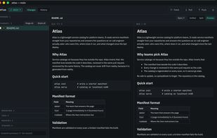 Rendered preview: a changed README shown old beside new as formatted documents, not as a line diff.