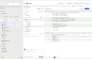 Changed files in a folder tree, with staging controls and a code diff.