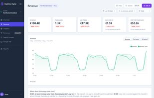 Revenue: ad spend next to the revenue it brought back, and what each sale cost.