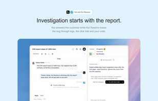 A customer reports an issue. Kai replies right away, and Kai Resolve investigates next to the conversation. It finds a likely cause, explains the impact and offers to hand the work to Kai Code. Your team chooses whether to ask for changes or start the fix.