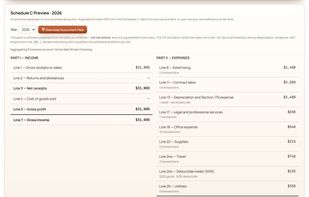 Business tier tools for Schedule C reporting, invoices, mileage, depreciation, and accountant exports.