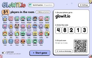 Lobby: players join with a 5-digit room code or QR, no app or sign-up
