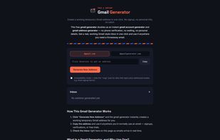 Homepage showing the Gmail address generator with live inbox, comparison table, and FAQ section.
