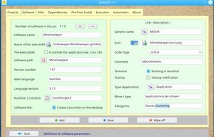 Software information, files, language, versions, menu link