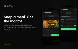 Log a meal from a photo, a text description or your saved meals. goCaju estimates the calories and macros in seconds, and you can adjust them before saving.