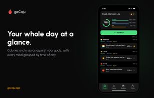 The home screen: today’s calories and protein, carbs and fat against your goals, with every meal grouped by breakfast, lunch, snack and dinner.