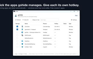 Pick the apps gohide manages; each can have its own hotkey