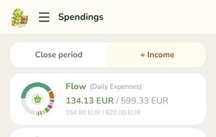 The same spending overview on mobile, with the remaining balance of each bucket and the button to close the period when payday arrives.
