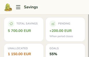 Savings goals with progress rings, showing how much of your total savings is already allocated and how much is still unassigned.
