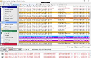 Colour highlighting both in main view and in search result. "Search as you type" text and RegEx search engine.