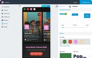 Design your app visually with live preview: fonts, colors, layout, all in real time, no code.
