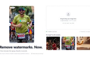 Homepage showing the drag-and-drop upload interface with sample before/after results