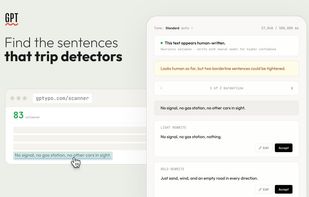 Click any borderline sentence for two rewrites: a light touch-up and a bolder cut. Accept, edit, or ignore each one. You stay in control of every word.