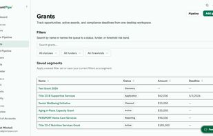 GrantPipe grants view showing active grant records, deadlines, amounts, and compliance status.