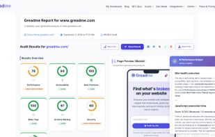 Page Audit report: scores for performance, accessibility, best practices, meta tags, schema markup and security, with an AI analyst panel explaining what is dragging the page down.