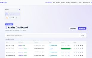 Audits dashboard: every audit run so far, grouped into folders and filterable by domain, type and result.