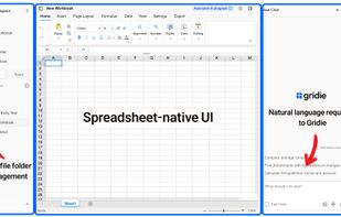 Main interface: Folder-based workspace with spreadsheet UI and natural language chat.