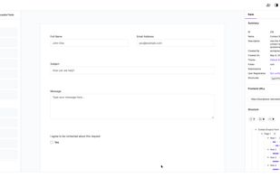 Visual drag-and-drop builder with a field palette on the left, live canvas in the centre, and a form summary panel on the right.