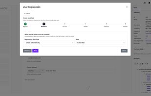 Guided modal for configuring a WordPress user registration workflow — set the role, account creation mode, and field mappings in one place.