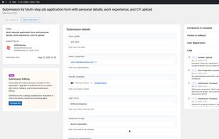 Per-submission detail page with a full event timeline showing mail delivery, system processing, and payment events in chronological order.