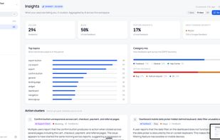 AI Insights: feedback auto-clustered by theme and ranked by volume, severity and revenue at risk.