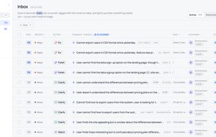Inbox: every feedback scored, prioritized and tagged with the action to take, so you scan instead of triage.