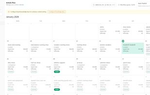 Visualize your entire content strategy. The AI automatically identifies high-value keywords (analyzing Search Volume and Difficulty) and maps them to a monthly schedule. You can manage, generate, and auto-publish articles to WordPress or Shopify directly from this calendar view.
