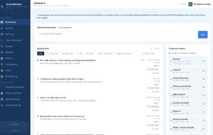 The activity feed: every issue with its age, a plain-English AI summary at the top, and the connector status down the side.