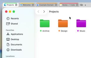 Four apps in one group: Finder, VS Code, a browser and Notes, each tab with its own color