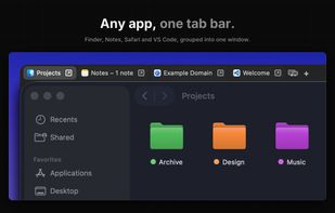 Finder, Notes, Safari and VS Code grouped into one window with a single tab bar