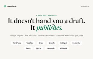 Finished articles publish straight to WordPress, Webflow, Ghost, Shopify and more. No CMS? It builds and hosts a full website for you.
