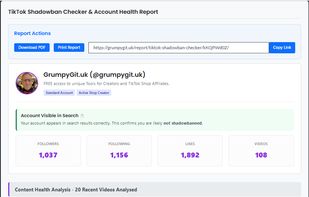 Screenshot showing the Shadowban Checker analysis of my TikTok account