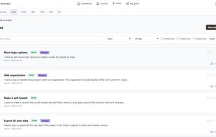 Grunnaro ideas view showing how early thoughts, feature requests, and possible improvements can be collected before they become committed work. Ideas can be searched, filtered by status or tag, marked as pinned/private/unread, and later turned into actionable todos when they are ready.