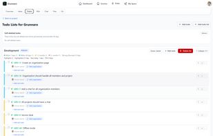 Grunnaro todo list view showing committed work in a clear ordered list. Each todo has an owner, priority/status signals, optional subtasks, and can be reordered as the plan changes. Instead of planning with sprints or estimates, the list order shows what matters next and helps the team focus on finishing work.
