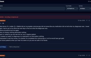 Review feed showing patient reviews from multiple platforms, with AI reply generation and "Needs attention" alerts for low-rated unanswered reviews.