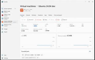 A virtual machine's overview on Windows: state, CPU and memory, forwarded ports