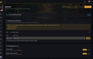 Repeatable quests members complete for XP and rank advancement - the recognition loop's front door. Set the cadence, require evidence or officer approval, and let milestones promote the members who show up.