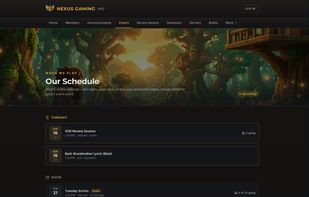 The guild's schedule on its public site - Tonight & Soon bands, weekly-series chips, and 'n going' counts. The strongest cross-game aliveness proof, with zero member names.